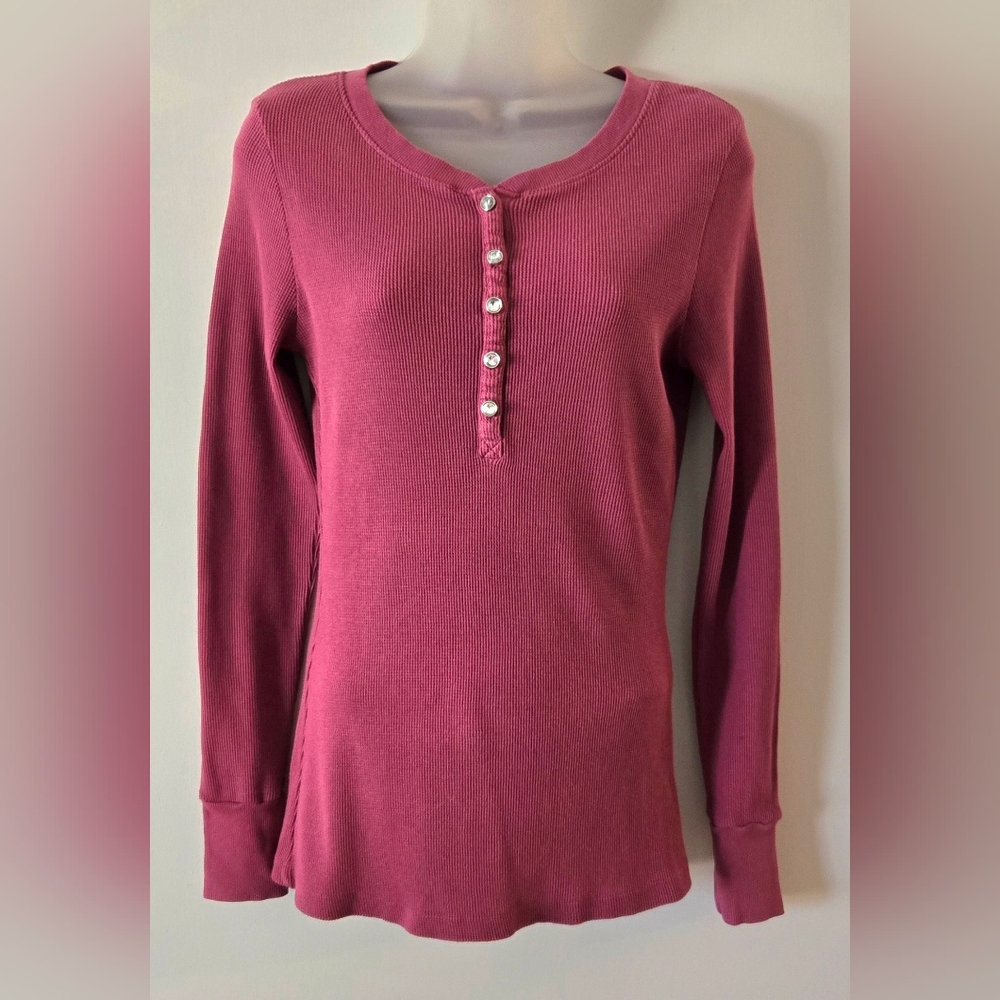 Womens T Party Top Waffle Weave Long Sleeve Rhinestone Buttons Mauve Euc